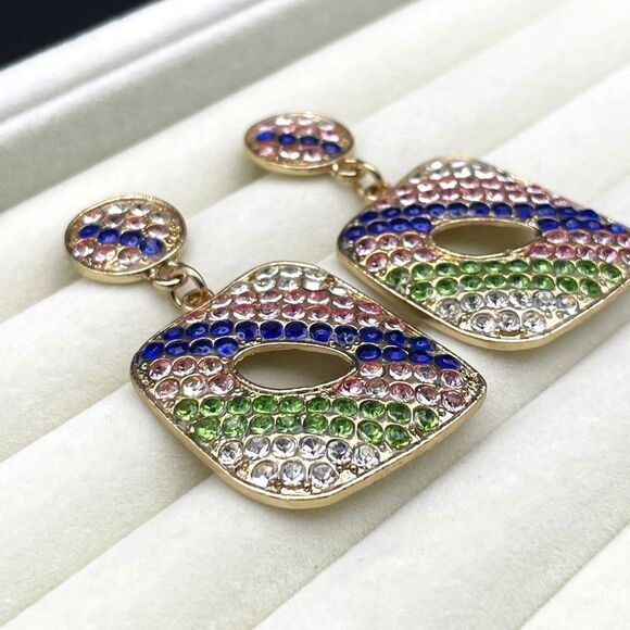 Yellow Gold with Multicolor Crystal Geometric Retro Drop Post Back Earrings - Picture 4 of 8